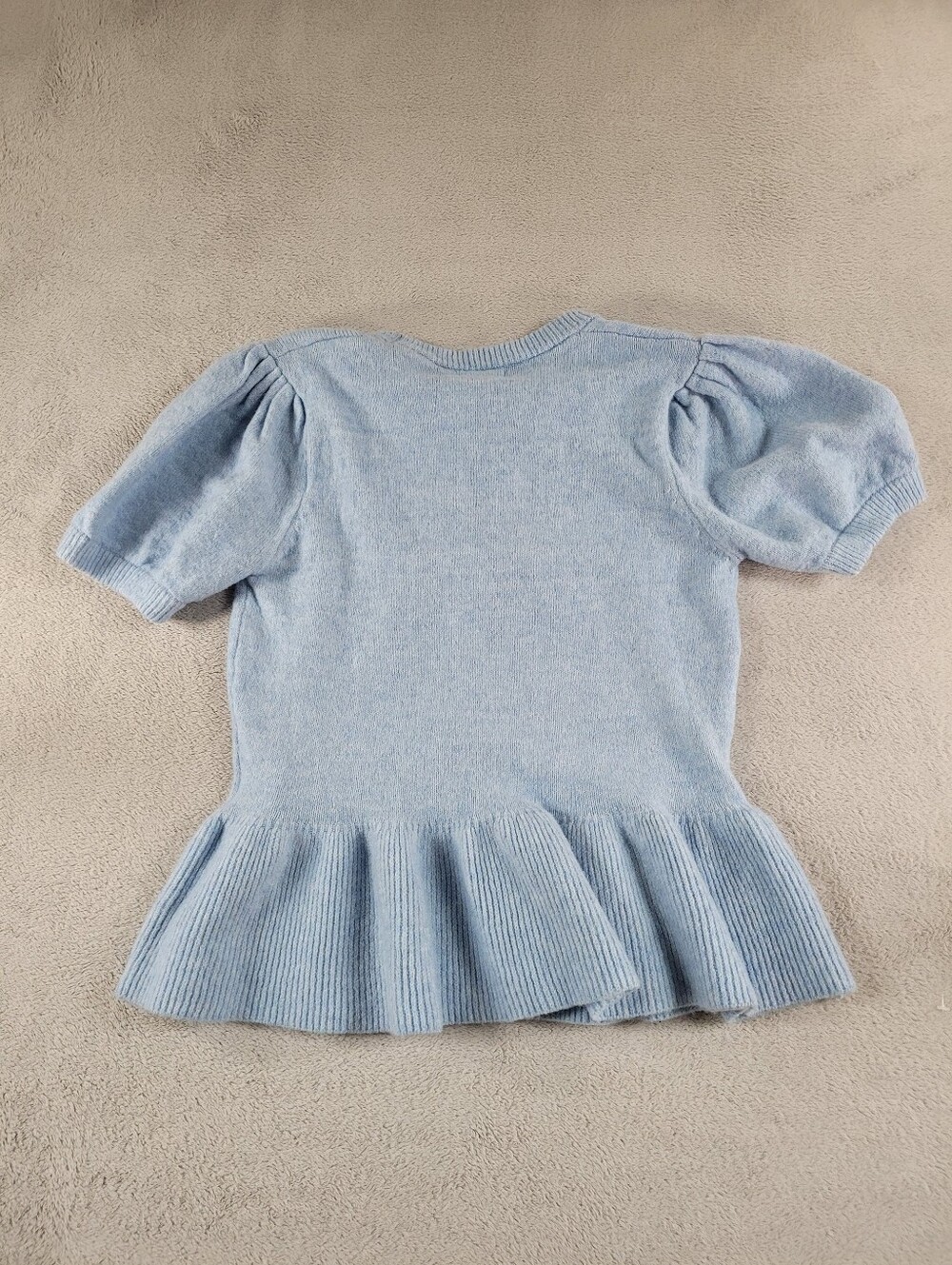 TAES Blue Knit Bow Front Peplum Top Puff Sleeve Sweater - Picture 11 of 11